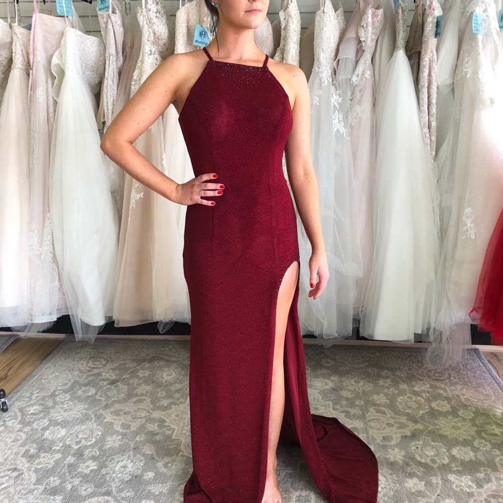 Burgundy, High Neck, High Slit Prom Dress fitted - Picture 2 of 8